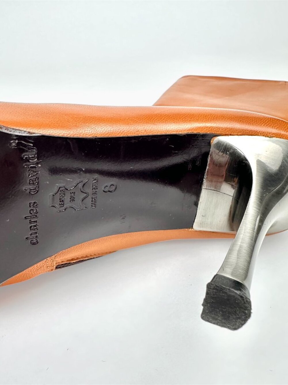 Charles David Cognac Spanish Leather Knee High Pointed Toe Metal Heel Boots - Picture 8 of 8